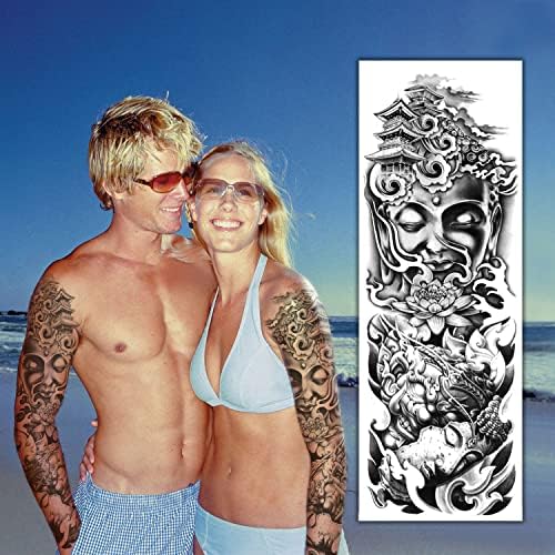 Oehok Temporary Tattoos, Extra Large Full Arm Fake Tattoos, Cool Waterproof Tattoo Stickers, Body/Leg/Arm Makeup Lasting Tattoos Sleeve for Adult/Man/Women/Girl, Fashion Black Buddha and Dragon 3D Realistic Temp Tattoo