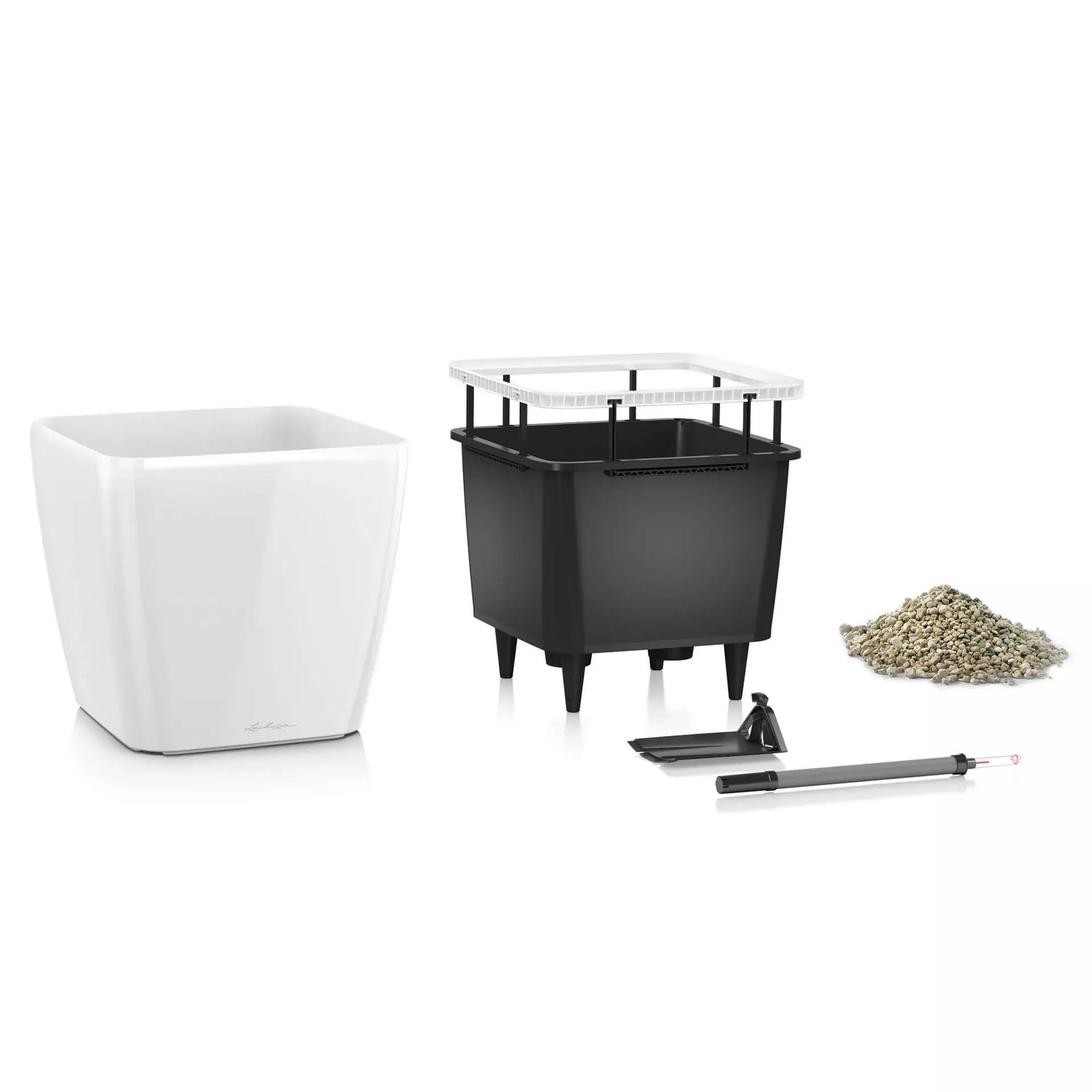 LECHUZA QUADRO LS 50 - Vaso da fiori autoinnaffiante, grande da giardino, per interni ed esterni, con foro di drenaggio e substrato per piante, Bianco lucido
