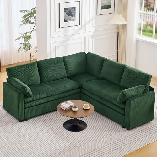 Image of 85 inch Sectional Couches with Comfy Deep Dual-Layer Cushion, 5 Seater L Shaped Couch, Modern Modular Sofa, Corduroy Sofas for Living Room, Apartment, Green