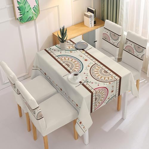 Image of Styleys Dining Chair Covers with Rectangular Table Cover | Waterproof Dining Table Cloth for Dining Room - 1 Table Cover + 4 Chair Cover, Cream Mandala Print, XKFSZB-10A