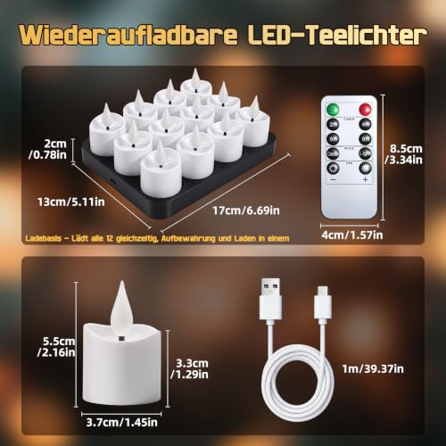 BIIB 12er LED Teelichter Wiederaufladbar mit Fernbedienung Ladestation – Ansicht 6
