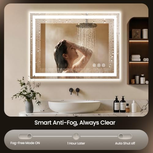 Image of 40x36 LED Bathroom Mirror with Anti-Fog, Backlit & Front Lit, Memory | Stepless Dimmable 3 Color CRI 95+ Shatterproof Tempered Glass ETL Listed for Safety Lighted Bathroom Vanity Mirror for Wall