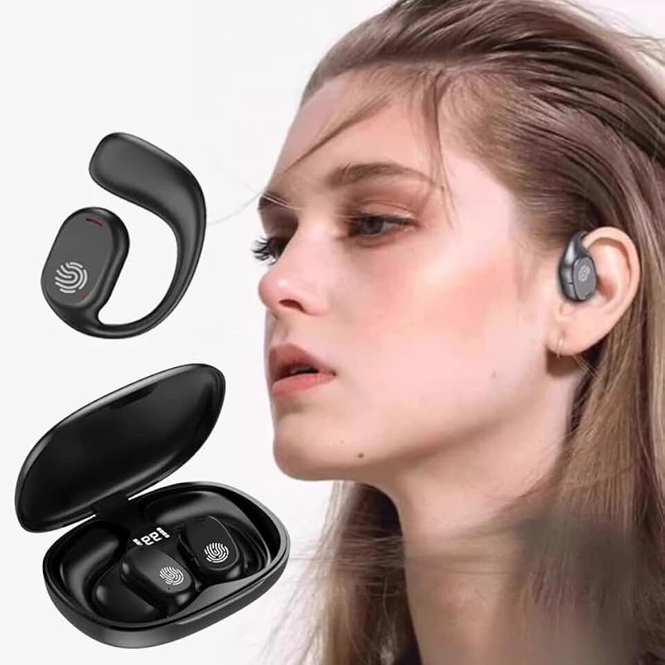 Fone de Ouvido TWS com Condução Óssea, Bluetooth 5.3, Sem Fio, Clip-on, Display Digital, Redução de Ruído, Modelo B8 PRETO