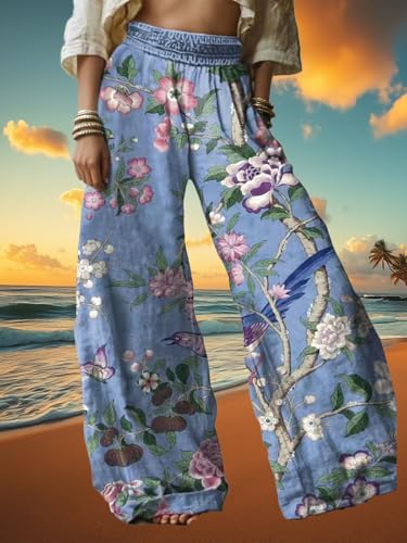 Linen Pants for Women Wide Leg High Elastic Waist Palazzo Pants Floral Summer Flowy Trousers with Pockets3