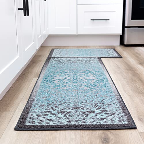 Maples Rugs Kitchen Rug Set - Pelham 2-Pieces Non Skid Machine Washable Mats [Made In Usa] Traditional Vintage Accent And Runner Carpet Sets, 17"X24" + 17"X48", Blue/Grey #TOP2