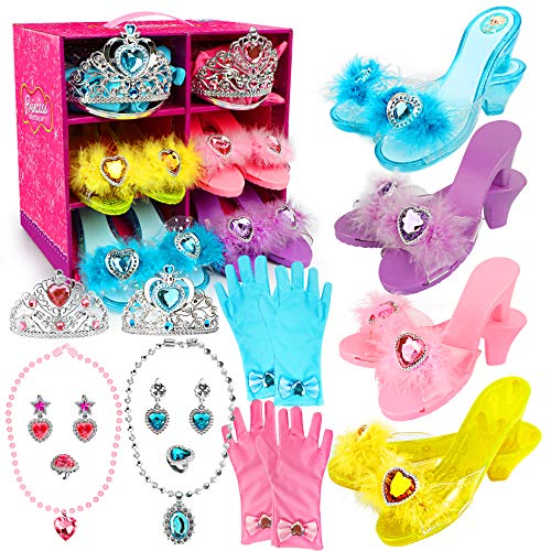 Princess Dress Up Shoes and Jewelry Boutique Little Girl Princess Play 4 Pairs of Play Shoes and Pretend Jewelry Toys Accessories Play Role-Play Gift Set for Toddlers Aged 3,4,5,6 Years Old
