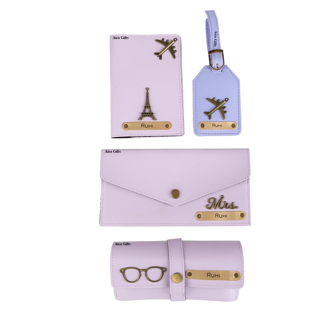 AICA Personalised Name & Charm Womens Leather Combo Gift Set (Purple) | Gifts for Women| Customised Gift Hamper for Woman