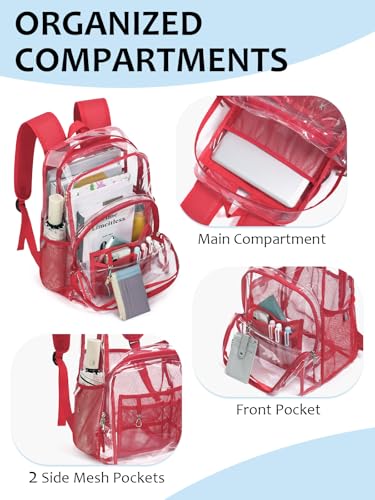Image of Clear Backpack for School, Heavy Duty Transparent Bookbag | Reinforced Biuld, 0.5mm Thick PVC, Padded Straps, 6 Pockets, Fits Boys /Girls /Adults, for College Work Travel