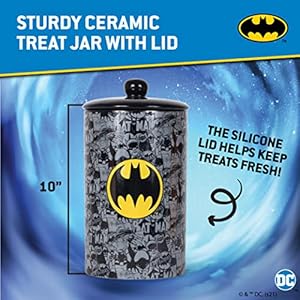 Dc comics batman vintage ceramic dog treat jar | 10x 5 dog treat jar with lid | dishwasher safe batman black dog food storage container cylinder for dog treats   cucciolini doodles