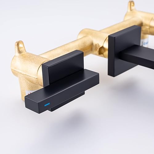 Miniatura 6 de Grifo de pared de latón negro mate montado en la pared, grifo de fregadero de baño de montaje en pared, mango de palanca doble, válvula empotrada