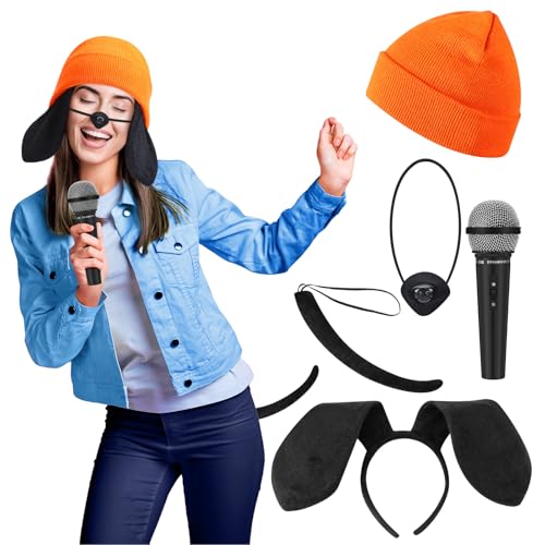 Wavwavw 5 Pieces Rapper Halloween Costume Game Dog Cosplay Set Includes Orange Beanie Microphone Ears Headband Nose and Tail for Women Men Adults Party Supplies