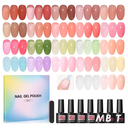 COSCELIA 25pc Pintauñas Semipermanentes, 22 Colores Esmaltes Semipermanentes para Uñas y 3pc Base Top Coat, Transparent Jelly Gel Polish Salón de Manicura y Arte de Uñas en Casa