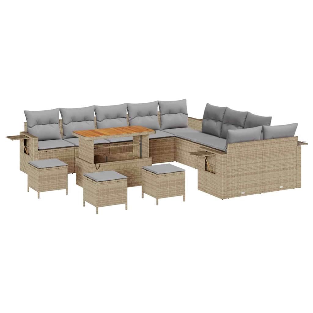 Juego de 14 sofás de jardín de polirratán beige con cojines y madera de acacia, conjunto modular de salón para patio con mesa ajustable
