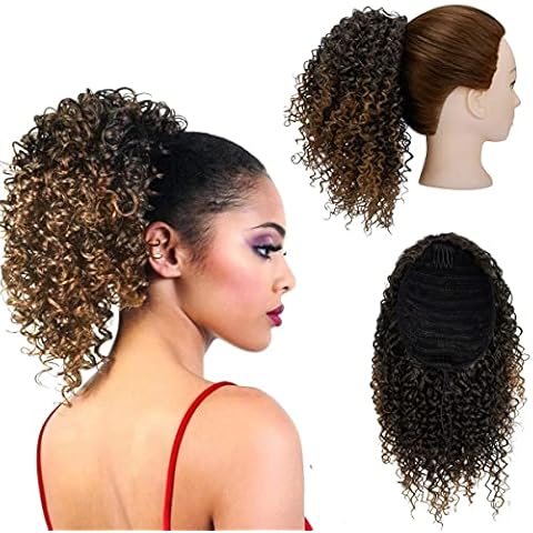 ZAIQIUN Short Afro Ponytail Kinky Curly Drawstring Ponytail Hair Extensions 10 Inch Drawstring Curly Ponytail Hair Piece for Black Women (1B/30#) Cover