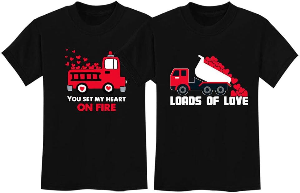 Valentine's Day Matching T-Shirt Set for Brothers Firetruck & Dump Truck Heart Fire Black 3T / Dump Black 4T