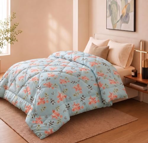 Image of HOMEKART 220 GSM Reversible Microfiber AC Comforter /Duvets for Mild Winter | All Season Single Size 3 Layered Quilted Blanket for Single Bed (230 cm x 150 cm,Pink Leaf)