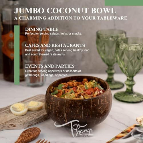 Image of Thenga Jumbo Coconut Shell Bowl - 900 ML | Eco-Friendly Handmade Dish with Coconut Wood Spoon for Smoothie, Salad, Breakfast & More | Natural Artisan Tableware - 20 Bowl + 20 Spoon