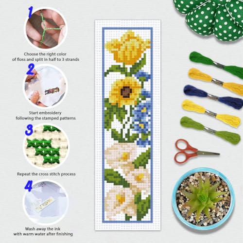 Image of BEUNITONE 6 Pcs Flowers Cross Stitch Bookmark Kit for Adults Beginners Vivid Floral DIY Stamped Embroidery Bookmark Punch Needle Kit with Instructions for Book Lovers Reader Writer Gift 8''x2.4''