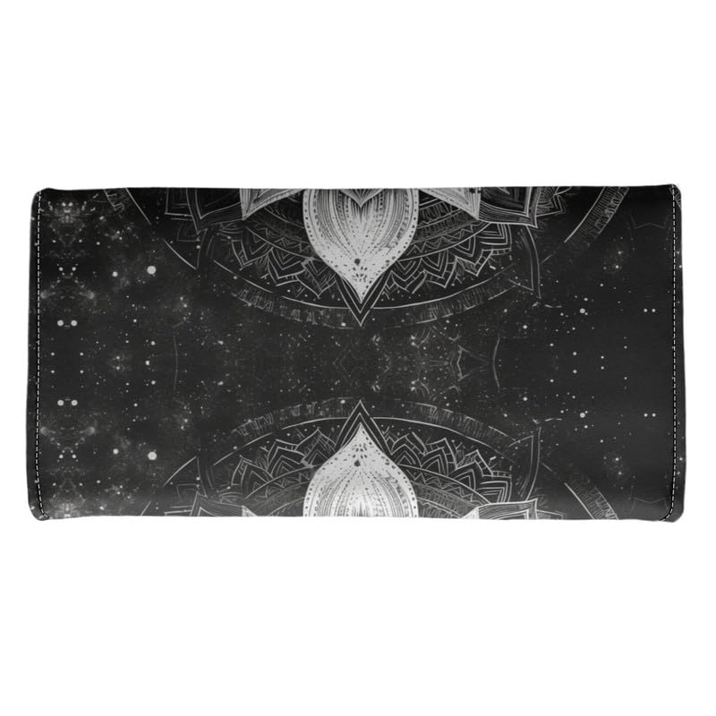 Lotus Mandala Women PU Leather Tri-fold Wallets Black And White Sketch Flower Zipper Pocket Buckle Money Manager Starry Sky Tall Billfold Secretary Cash Wallet3