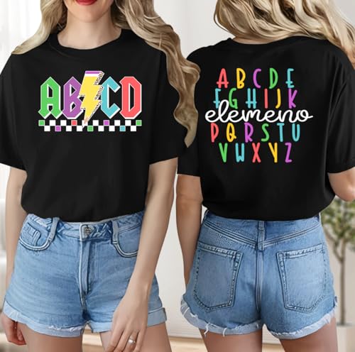 Teacher Shirts for Women Happy to See Your Face Tshirts Back to School Tee ABC Alphabet Elemeno Teachers Life Tops Black — view 2