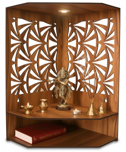 Image of Royal Walnut Finish Wooden Pooja Mandir | Wall Mounted Home Temple with LED Lights & Spacious Storage | Premium Handcrafted Puja Unit (37.5 * 29 * 25 CM) (Large) A7