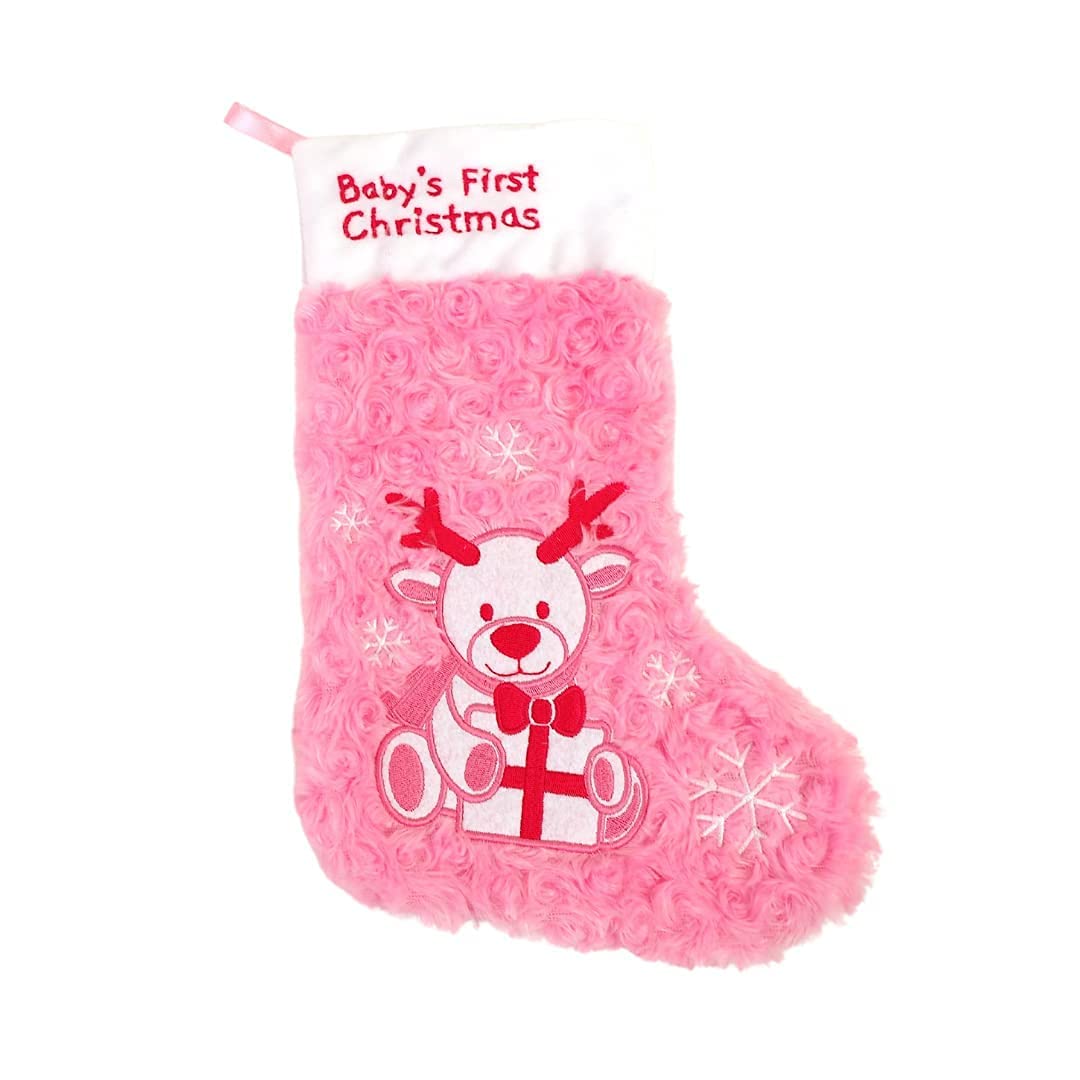 Baby's First Christmas Stocking - Stockings for Baby Boy and Girl - Babies 1st Christmas Stocking & Matching Santa Hat Set - Embroidered - Pink, One Size
