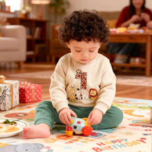 Asmea 1. Geburtstag Junge Babykleidung Geschenk 1 Jahr Junge Kleidung Geschenke zum 1 Geburtstag Jungen Baby Outfit Sweatshirt + Hose Bekleidungssets für Baby-jungen Beige 12-18 Monate