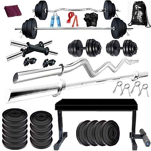 BODYFIT Home Gym Set Combo Kit, Equipment, (20Kg-100Kg) Weight Plates, 3Ft Curl, 5Ft Plain Rod, Flat with Leg Bench,2 x Dumbbell Rods,Fitness Exercise Set. (60 Kg Set)