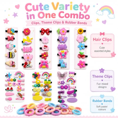 Image of 124 Pcs Hair Accessories for Kids Girls | Cute Baby Hair Clips & Theme Hair Clips with Rubber Bands Combo | Hair Accessories for Baby Girl | Kids Hair Clips Set | Mixed Designs