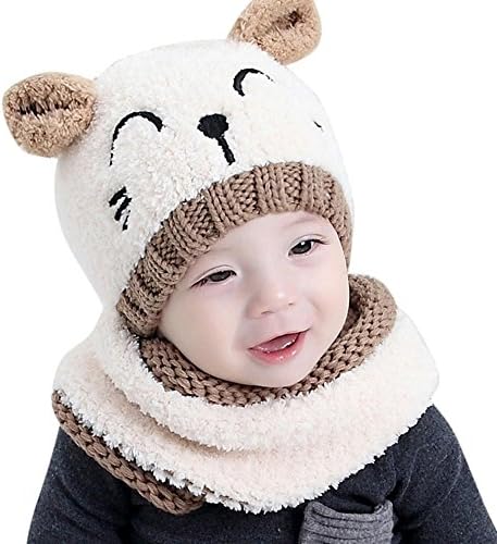 ZEYI Baby Girls Boys Warm Soft Knit Bear Hat Toddler Winter Crochet Beanie Cap Circle Scarf (2 Piece Sets)