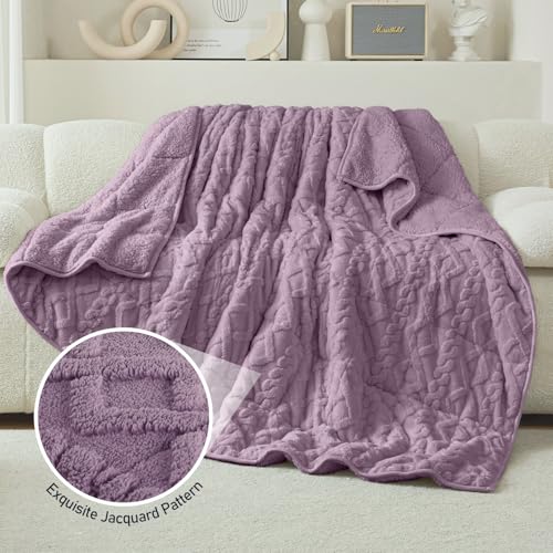 Wemore Weighted Blanket for Adults Twin Size 15 lbs, Dual Sided Soft Fuzzy Jacquard Sherpa Weighted Blankets for Sleeping, Cozy Fluffy Knitted Heavy Blanket for Couch Bed, Purple, 48 x 72 inches
