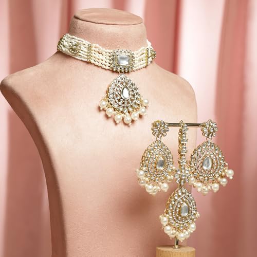Image of Rubans Necklace Maangtikka Set Gold Plated Kundan & Pearl Jewellery Gift for Women & Girls