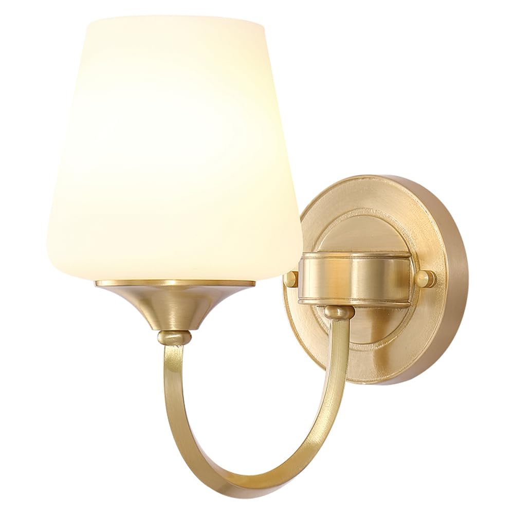 HUAYUSEDF Vintage Bedroom Brushed Brass Wall Light Fixture Modern Frosted Glass Hallway Sconce Mid Century Bathroom Lighting Antique Gold Mounted Lamp for Living Room Aisle Stairs Foyer
