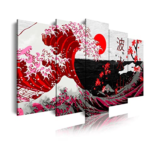 DekoArte 536 - Cuadros Modernos Impresión de Imagen Artística Digitalizada | Lienzo Decorativo Para Tu Salón o Dormitorio | Estilo Abstractos Arte La Gran Ola De Kanagawa Rojo | 5 Piezas 150 x 80 cm