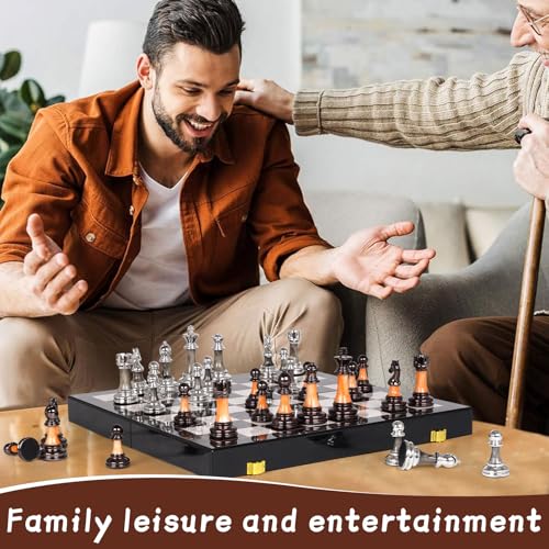 Agirlgle DALIFANYUCHESS 15 Inch Large Chess Set For Adults Kids With Weighted Acrylic Chess Pieces 3.5 Inch King & Portable Folding Marbling Wooden Chess Board Travel Chess Sets Family Board Game Gift thumb #5
