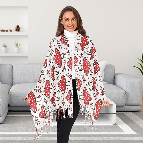 Women's Red Mushroom Scarf Pashmina Feel Shawls Wraps Fall Winter Warm Large Scarves Fashion Tassel Long Scarf4
