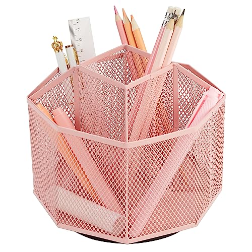 Annova Organiseur de bureau rotatif en maille avec 5 compartiments pour bonbons/stylos pour bureau, fournitures artistiques, rangement, salle de classe, maison (Light Pink)
