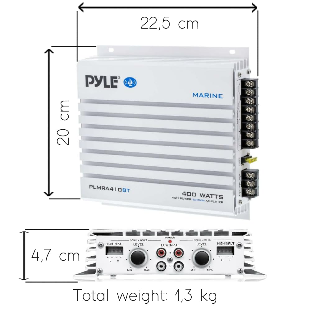 KIT SET PARA PYLE PLMRA410BT 1 Amplificador marino de 4 canales, clase AB, 4 x 100 vatios máx., impermeable, conectividad Bluetooth 2.1, para piscinas, barcos, embarcaciones, 1 pieza + cables gratis