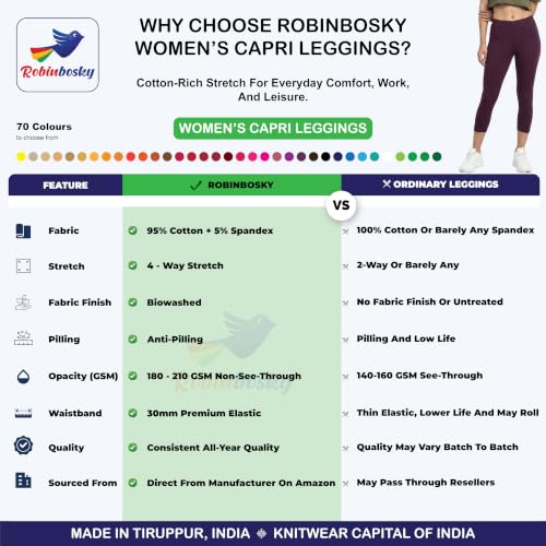 Image of Robinbosky Premium Stretchable Cotton Capri Legging for Women | Suitable for Formal wear & Casual wear | High-End Elastic Makes. The Leggings Squat Proof and Durable for Travel, Yoga, & Workout.