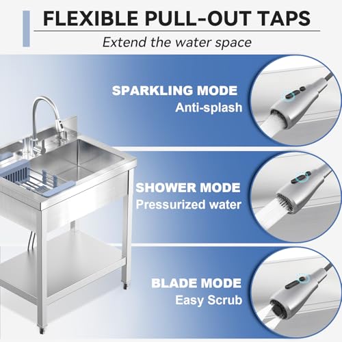 Image of 28 inch Commercial Stainless Steel Utility Sink, Single Bowl Freestanding Kitchen Sink with Hot & Cold Water Faucet, Drain Kit & Hoses for Restaurant, Laundry Room, Garage