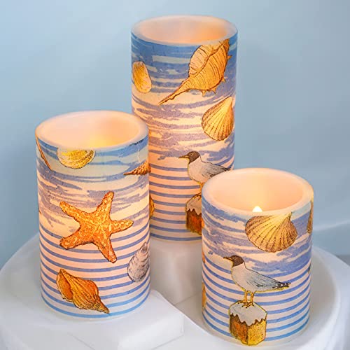 Flavcharm Blue Flameless Candles With Remote - Set Of 3 Beach Theme Seagull Starfish Seashell Desgin Battery Operated Real Wax Pillar Led Candles Decorative For Home Coastal Room Vintage Decor Gifts #TOP6