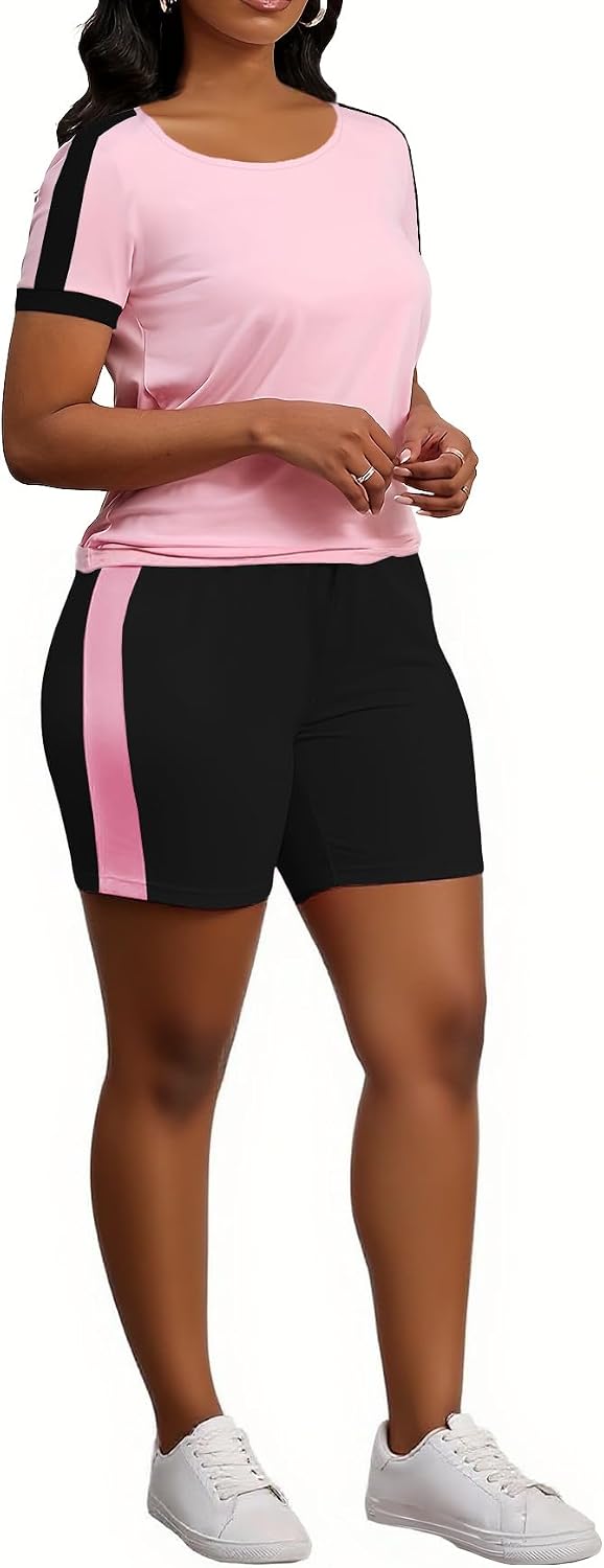HBQ Women 2 Piece Outfits Summer Color Block Sweatsuits Track Suits Biker Shorts Workout Jogger Sets