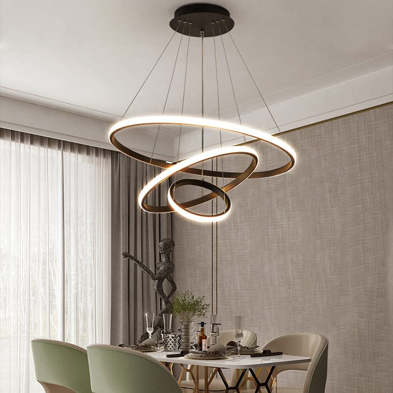 USOR Modern LED Chandelier, Dimmable Pendant Light with Remote Control Rings Round Ceiling Lighting Fixture 3 Color Temperatures Contemporary Black Chandeliers for Bedroom Living Dining Room Kitchen - 20+40+60cm - Black