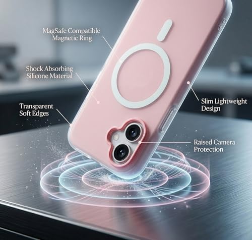 Image of amazon basics Luxury MagSafe Compatible Magnetic Case for iPhone 17 | Soft Touch Matte Pastel Finish | Shockproof Back Cover with Camera Protection (Pink)
