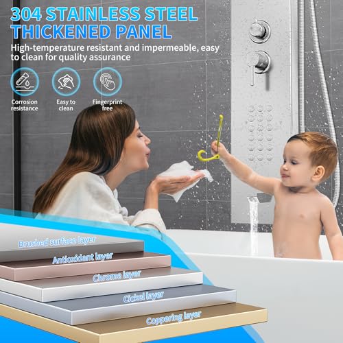 Stainless Steel Shower Panel,5 In 1 Function Column,Manually Controlled Thermostatic Shower Panel Column Tower With Waterfall Rainfall Shower, Massage Jets, Hand Shower, Tub Spout - 6