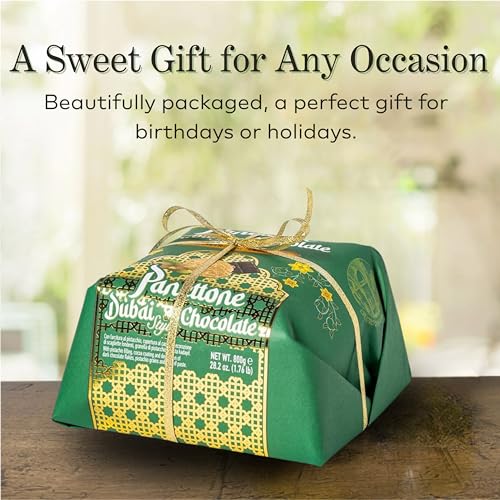 Chiostro di Saronno Handgefertigte Panettone Dubai Style Chocolate, 800 g, langsames Aufgießen, Pistaziencreme, überzogen mit dunkler Schokolade, ohne Kandierte und Rosinen, handverpackt