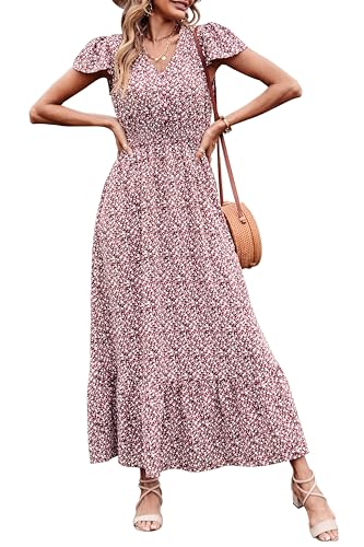 Image of PRETTYGARDEN Womens Dresses 2026 Summer Maxi Dress Boho Short Sleeve V Neck Swiss Dot Ruffle Tiered Smocked Flowy Long Dress