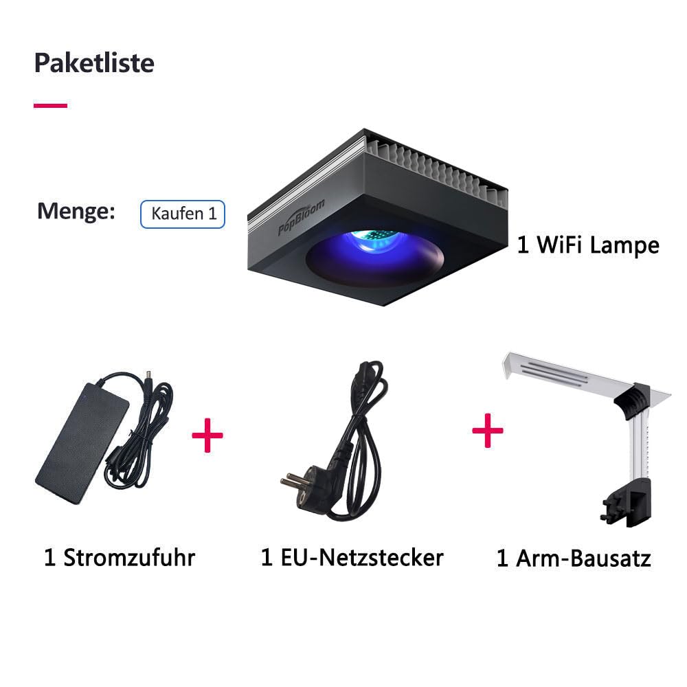 PopBloom RL90 WiFi luz led Acuario Marino, lampara Acuarios Pantalla led Acuario Coral, Luces para acuarios (1 Lámpara Con Kit de Montaje)
