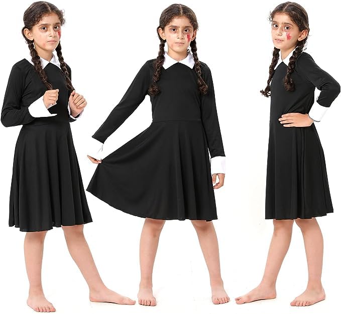Image of FancyDressWale Wednesday Addams Costume Girls Peter Pan Collar Dress Long Sleeve Halloween Addams Family Costume Black dress Outfit