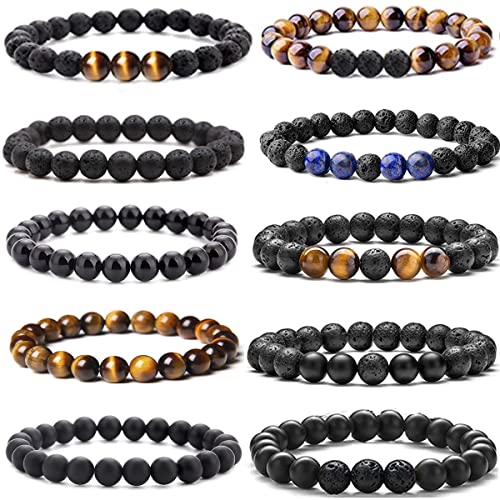 MOZAKA 10Pcs 8mm Natural Stone Lava Rock Beaded Bracelets for Men Women Tiger Eye Hematite Black Lava Stone Bead Bracelets Bulk